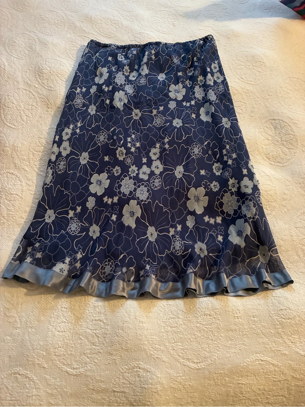 Silk Floral A-Line Midi Skirt with Satin Ruffle Hem.